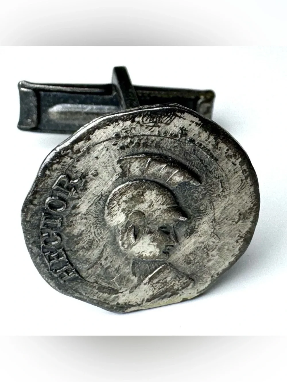 Silver Tone Roman Coin Style Round Fixed Back Men's Cufflinks Pair #1708